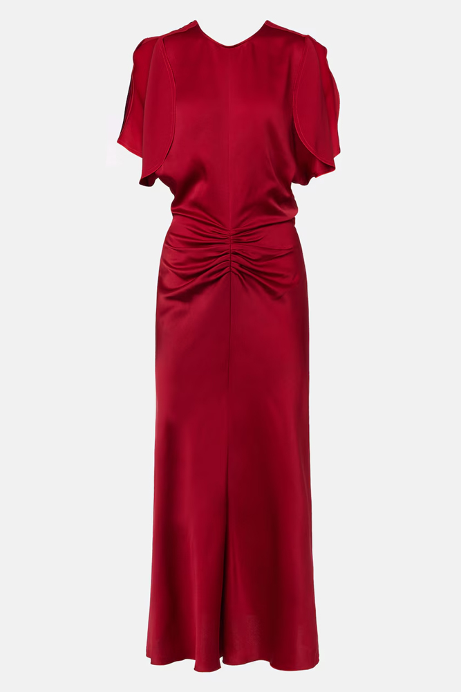 sachin and babi light blue dress Gathered crêpe satin midi dress | VICTORIA BECKHAM